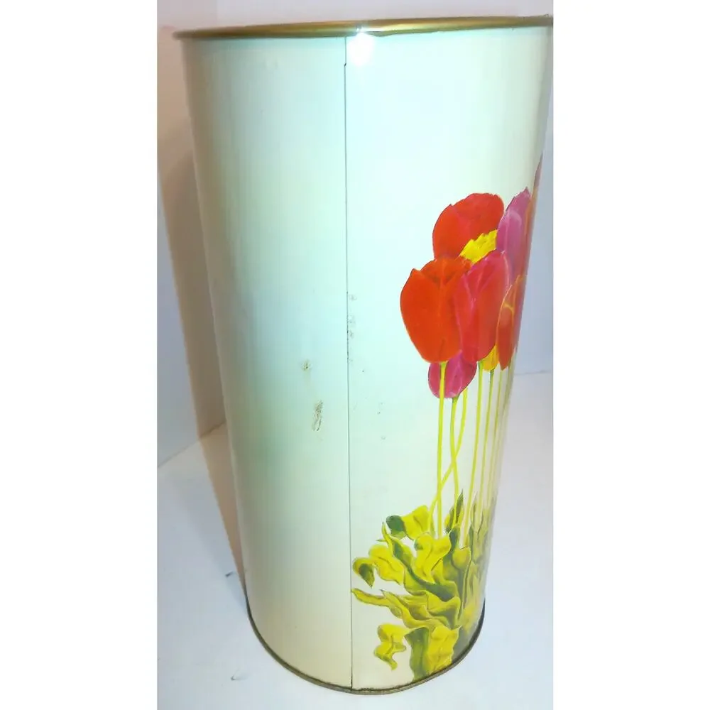 Vtg Cheinco Metal Trash Can Waste Basket Mid Century MCM Colorful Tulips READ